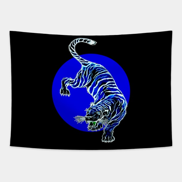 Blue and White Tiger Circle Tapestry by ZeichenbloQ