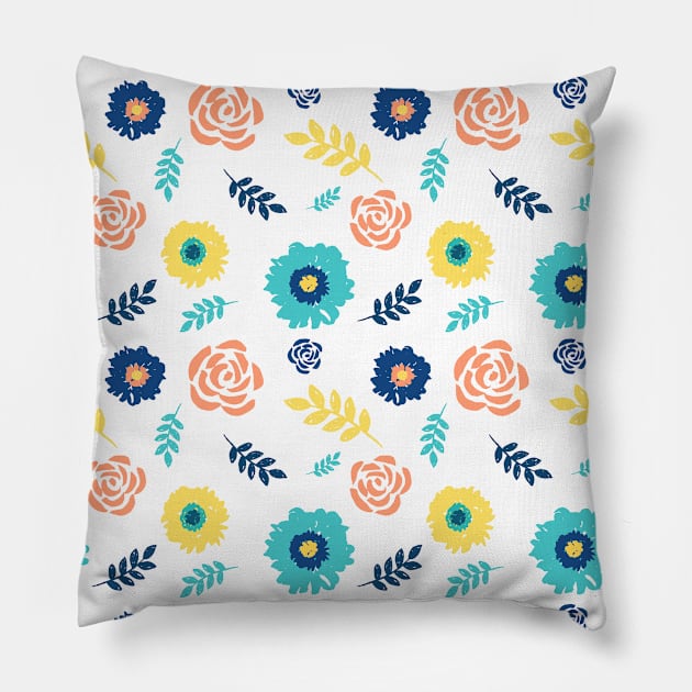 Colorful floral pattern blue coral yellow Pillow by dreamingmind