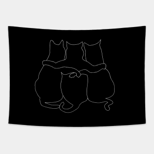 3 Cats Together White Line Art Tapestry