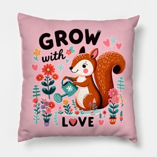 Garden Heartbeat: "Grow with Love" Lively Squirrel Illustration Pillow