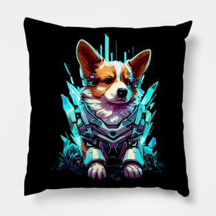 Cyber blue neon robot corgi Pillow