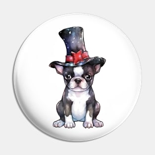 Watercolor Boston Terrier Dog in Magic Hat Pin