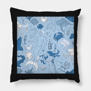 under the sea - blue seamless pattern Pillow