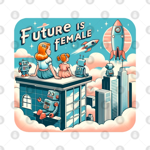 Future is Female -  Retro Futuristic Cityscape by PuckDesign
