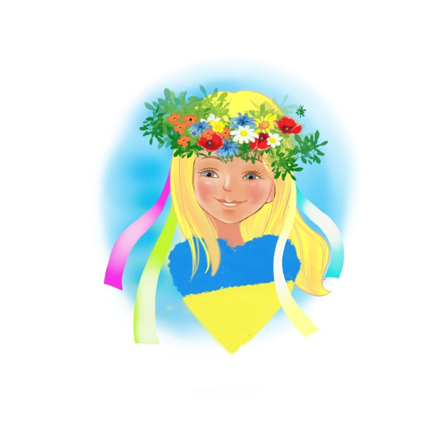 Ukrainian girl in a wreath with a heart in the colors of the flag of Ukraine. Peace to Ukraine by sonaart