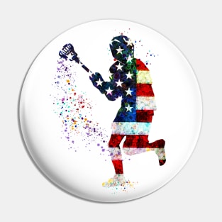 Lacrosse Boy American Flag Art USA Gifts Pin