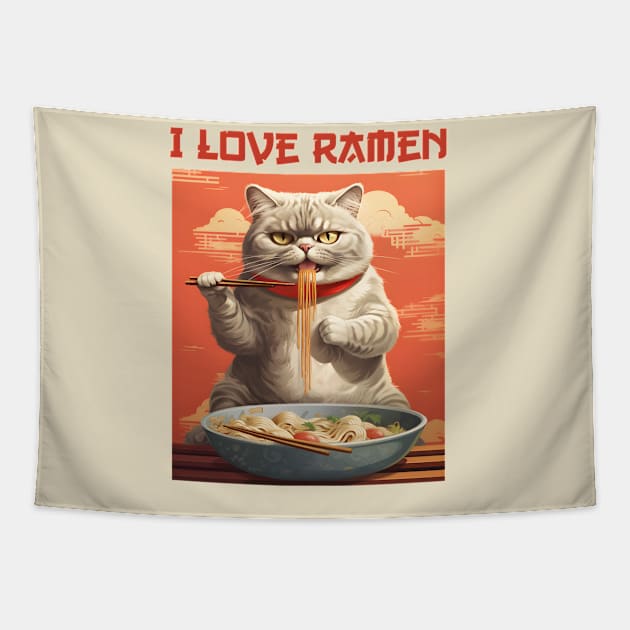 Kitty Cat Eating Ramen - I Love Ramen Tapestry by KittyStampedeCo