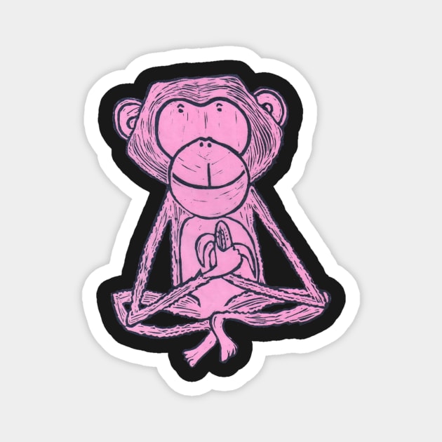 Monkey, pink cheeky monkey on ochre background. Magnet by krisevansart
