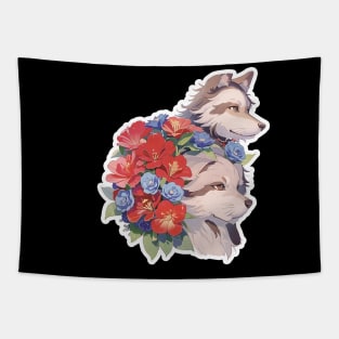 Lone Wolf With Flowers Tapestry