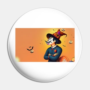 Cartoon man in witch hat surrounded by pumpkins Pin