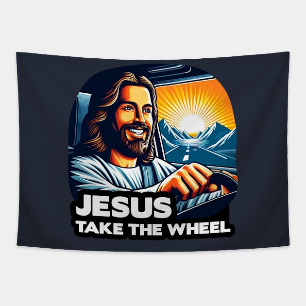 Jesus Take The Wheel Tapestry by Plushism