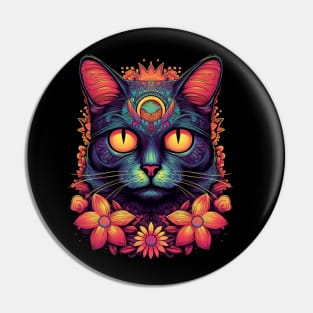 Colorful Abstract Cat and Flowers Design Pin