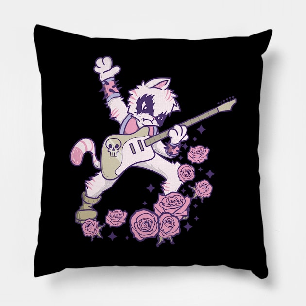 Pastel Goth Kawaii Heavy Metal Cat Guitarist Guitar Playing Pillow by TellingTales