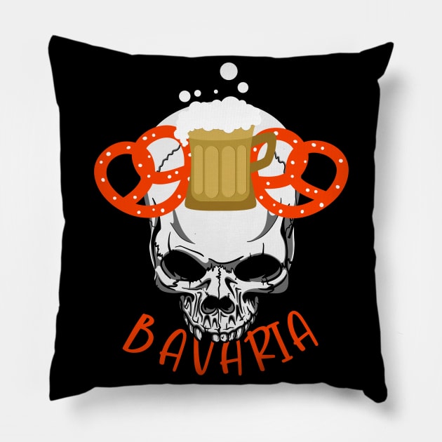 Bavaria Skull Pretzel & Beer Oktoberfest Germany Pillow by Foxxy Merch