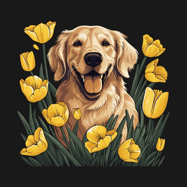 A Golden Retriever surrounded with Daffodils, illustration by gezwaters