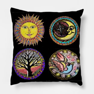 4 Tattoo Symbols Sun,Moon,Tree and Bluebird Pillow