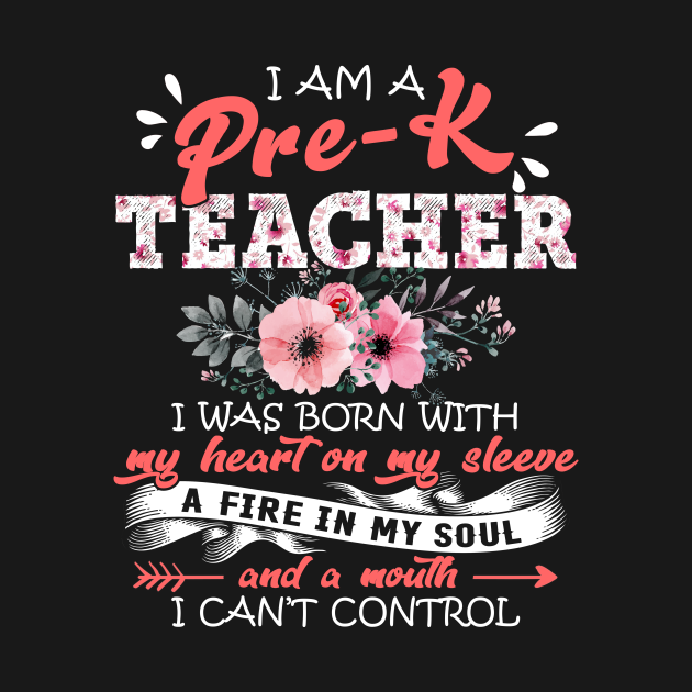 Disover Pre-K Teacher I Was Born With My Heart on My Sleeve Floral Teaching Flowers Graphic - Pre K Teacher Floral - T-Shirt