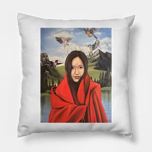 Beautiful woman in red blanket in nature background Pillow