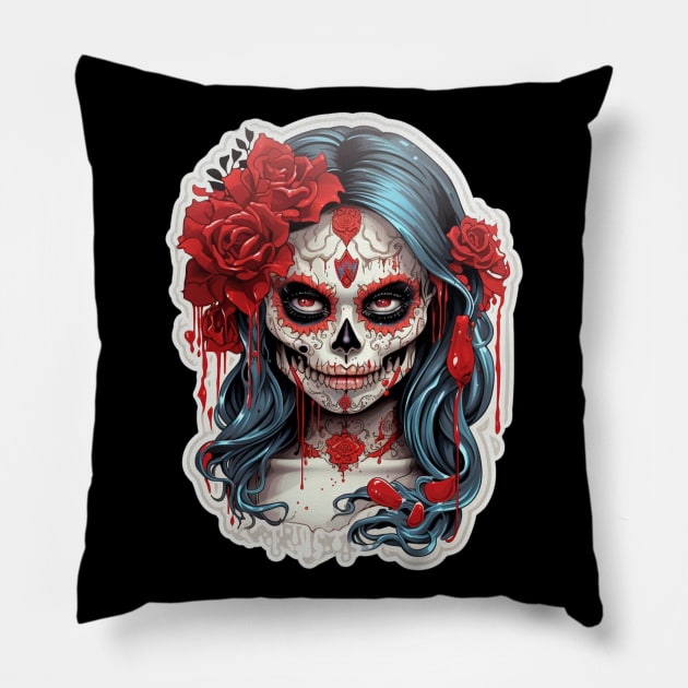 Muerta Calaca Calavera Day of the Dead Pillow by Nightarcade