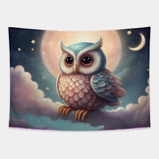 Baby Owl Floating on a Cloud Tapestry