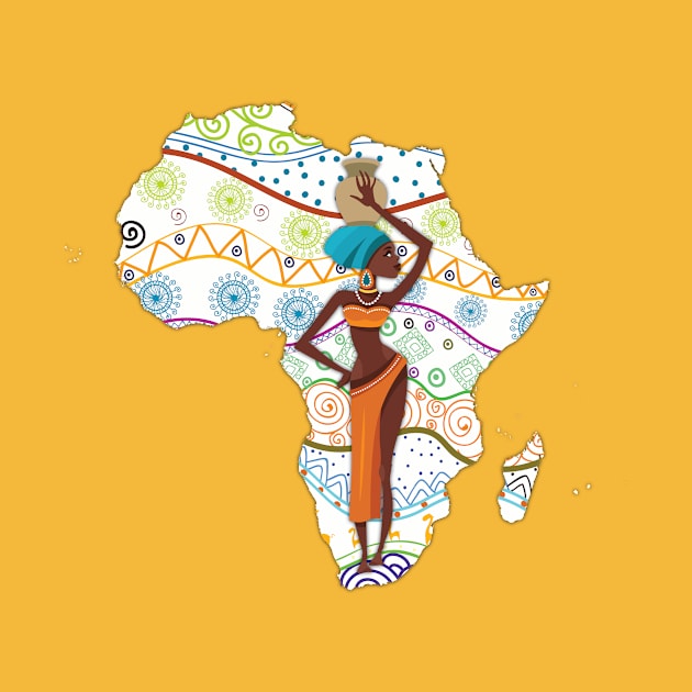 Africa map with African Girl and African hand drawn ethnic pattern, tribal background. Beautiful black woman by Mashmosh