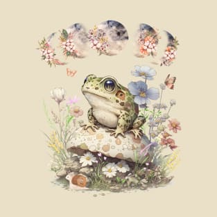 Cute Cottagecore Frog Mushroom Floral Moon Vintage T-Shirt