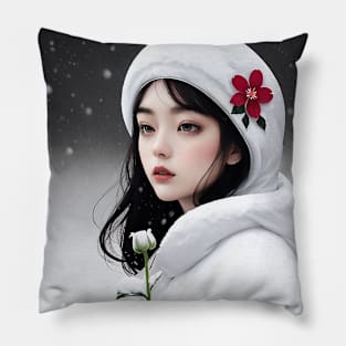 Young Woman in a Snowy Winter Scene Pillow