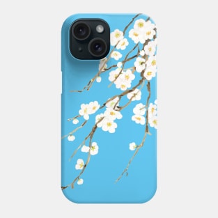 white plum flowers blossom in blue background watercolor Phone Case