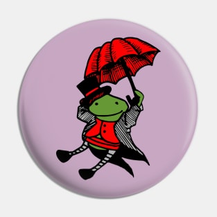 Green frog with red umbrella Pin