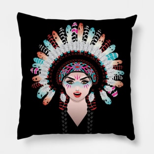 Tribal girl in war bonnet Pillow