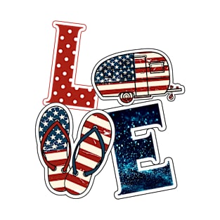 Love Camping USA American Flag 4th of July Flip Flop Camper T-Shirt