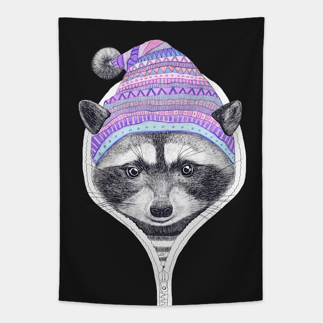 Raccoon in a hood Tapestry by kodamorkovkart