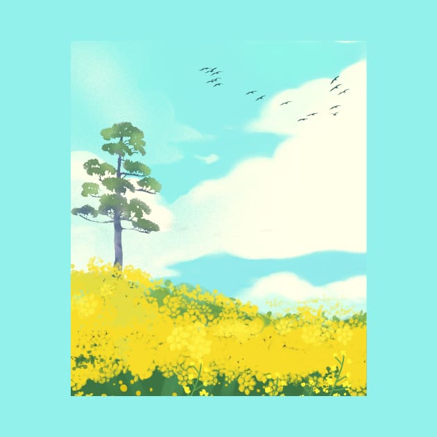 Lone tree on yellow flower field by SkyisBright