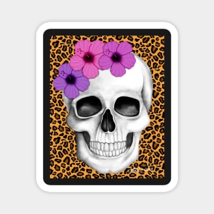 Skull With Flowers (On Leopard Print Background) Magnet