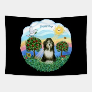 "Happy Da" Bearded Collie in the Country Tapestry