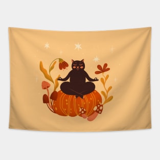 Cute cat meditation on pumpkin. Halloween autumn seasonal illustration Tapestry