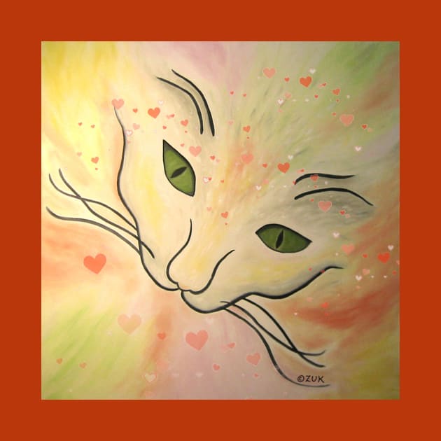 Colorful Abstract Cat Face With Hearts by KarenZukArt