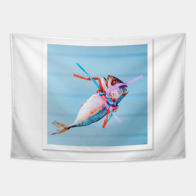 Dead fish strangled by plastic straws, retro colors. Tapestry by Earthworx