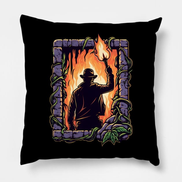 Into the Heart of Adventure - Explorer with Torch in Hand - Adventure Pillow by Fenay-Designs