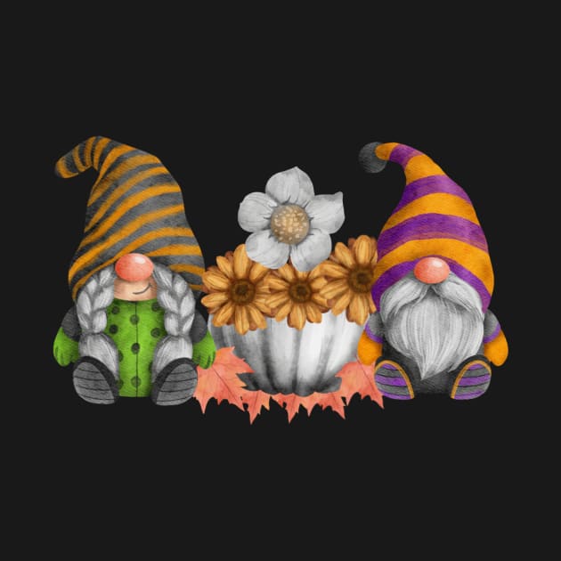 Cute Garden Gnomes with Fall Leaves, a Pumpkin and Flowers by 2CreativeNomads