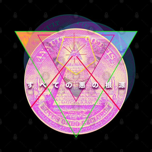 Vaporwave One Dollar Bill Root of All Evil Japanese Kanji by Vaporwave