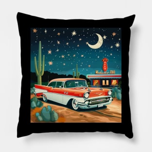 Retro Vintage Diner Route 66 Classic Car Roadside Attraction at Night Desert Pillow