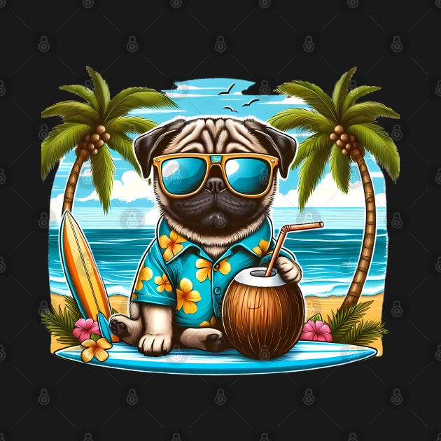 Funny Pug with Sunglasses on a Surf Board by CreativeSparkzz