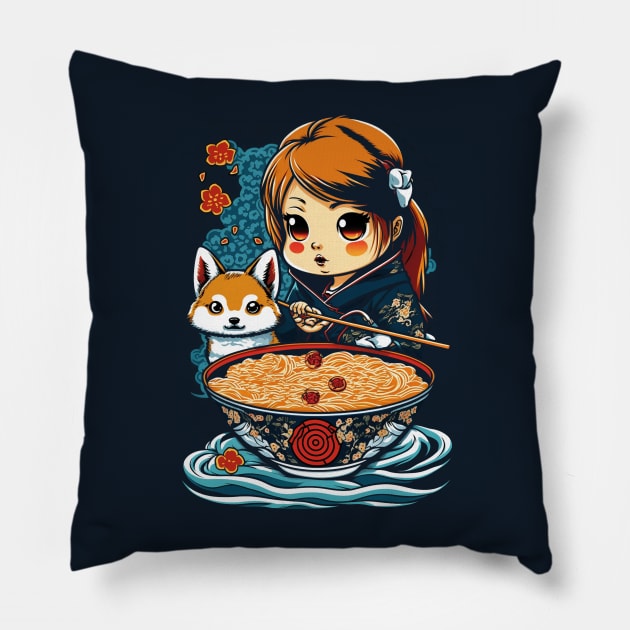 Cute kawaii girl with Shiba Inu dog loves ramen Pillow by tatadonets