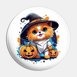 A Cat wearing a witches hat and holding a pumpkin Pin