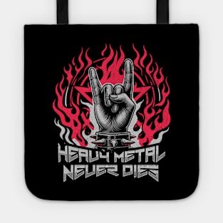 Heavy Metal Never Dies - Flaming Horns Hand Pentagram Rock N' Roll Tote