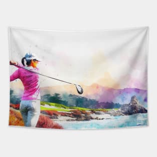 Artistic illustration of a woman golfer Tapestry