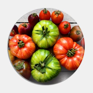 Colorful Striped Odd Tomatoes Medley on Weathered Table Pin