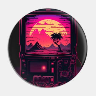 Retro Futuristic Computer Displaying Synthwave Sun Pin