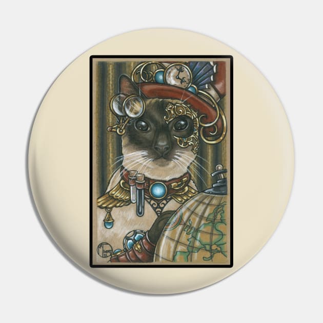 Steampunk Cat Traveler - Siamese Cat - Black Outlined Version Pin by Nat Ewert Art